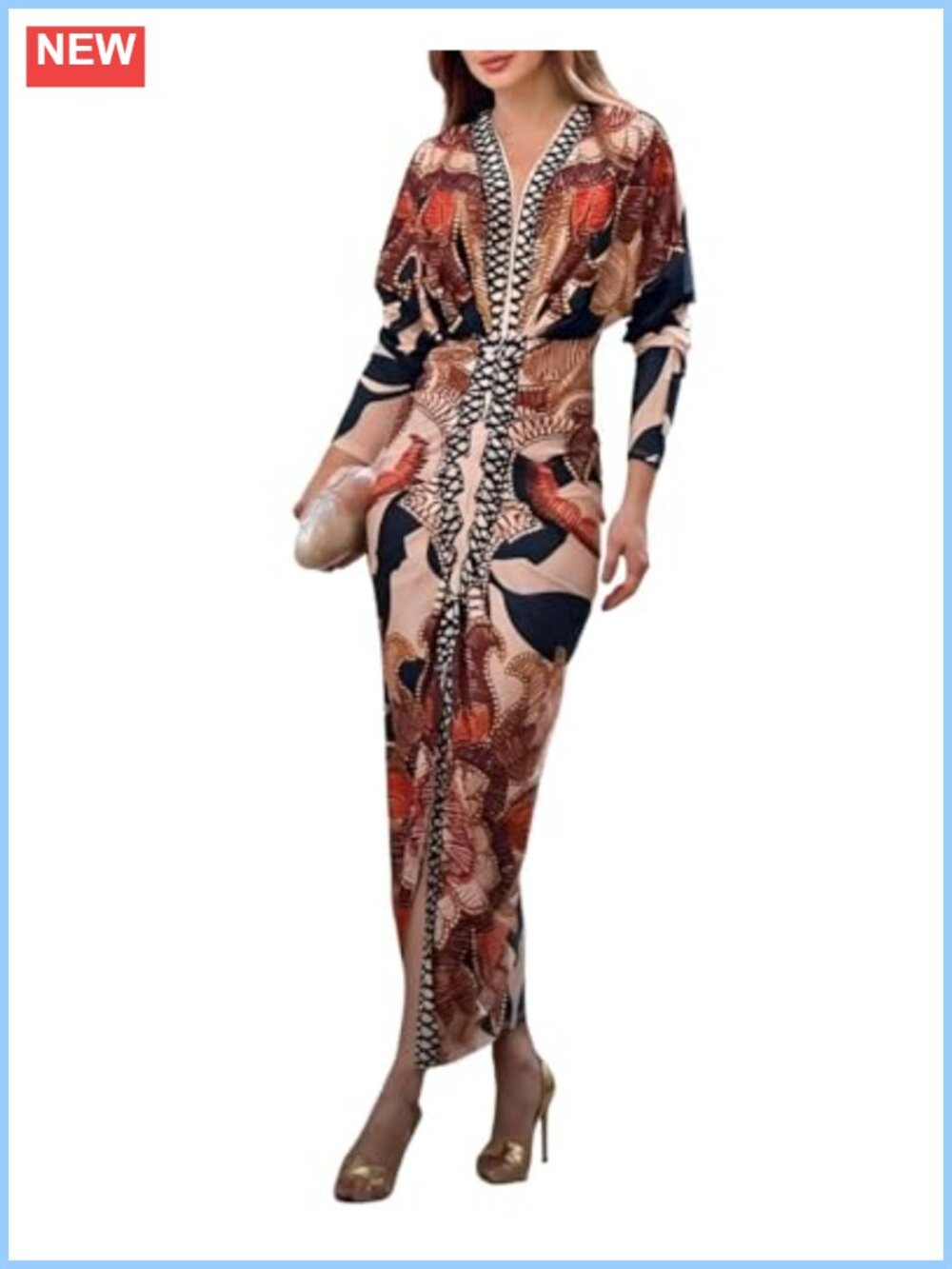 Long Sleeve Bodycon Midi Dress Plunge V-Neck Ruched Slit Fall Work